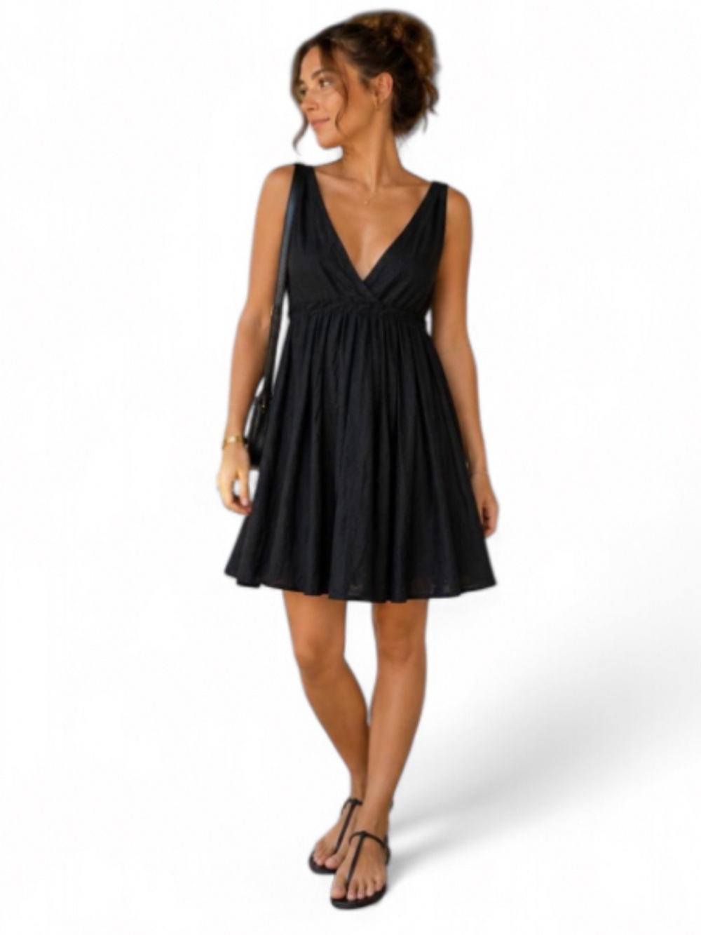 Gap Classic Black V-Neck Babydoll Dress Fit & Flare Pleated Silk Blend Size 8